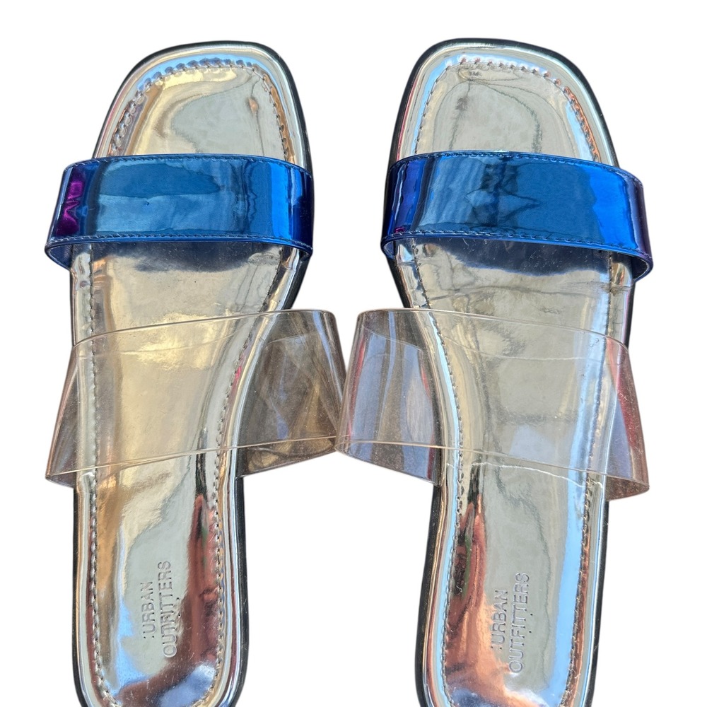 Urban Outfitters Slides Sandals‎ Clear Blue Straps Trendy Flats Size 7